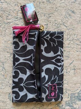 Cosmetic Pouch with Black & Silver Damask Pattern and Pink Tassel
